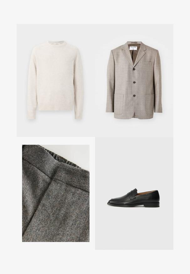 Lichtbruine blazer met een gestructureerde stof, met gekartelde revers, voorknopjes en twee voorkruiszakken. Label zegt "Filippa K."; Crème kleurige sweater met een ronde halslijn, geribbelde manchetten en zoom. Zachte textuur met een eenvoudig, strak ontwerp en raglan mouwen.; Grijze wollen mix broek met een soepele textuur, voorzien van een brede tailleband en een cleane, klassieke snit. Subtiele kleurvlekken aanwezig.; Zwarte leren instapper met een ronde neus, subtiele stikdetails en een lage hak, met een gladde textuur en een minimalistisch ontwerp.