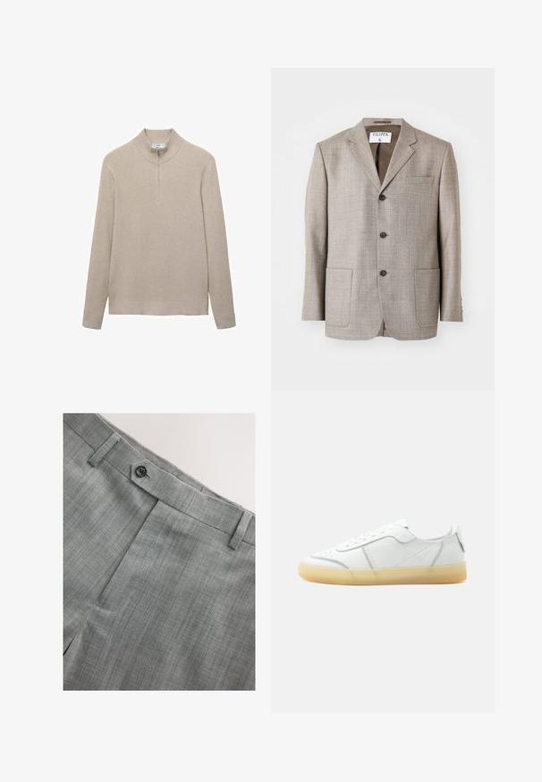 Blazer de color marrón claro con una tela texturizada, solapas muesca, botones frontales y dos bolsillos frontales. La etiqueta dice "Filippa K."; Suéter beige con canalé, cuello alto y cierre de media cremallera. Las mangas largas y el diseño ajustado del dobladillo realzan el aspecto texturizado.; Pantalones gris claro con tela texturizada, cierre de botón, frente plano con delicadas rayas finas y bolsillos laterales.; Zapatilla blanca de piel de corte bajo con suela translúcida beige, cierre con cordones en la parte frontal y detalles de costura mínimos, mostrada de lado sobre un fondo liso.