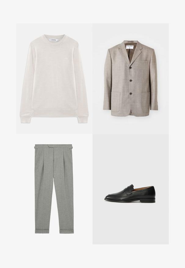 Lys brun blazer med en tekstureret stof, flapskuldre, frontknapper og to forlommer. Mærket lyder "Filippa K."; Lys beige langærmet crewneck sweater med ribbede manchetter og kant, subtilt logo på venstre bryst og J.Lindeberg-label indeni kraven.; Grå skræddersyede bukser med plissee foran, indsnørede ben, sidelommer og foldede manchetter. Fremstillet af tekstureret stof for et struktureret udseende.; Sort læder loafer med rund tå, diskret syning, og lav hæl, der har en glat tekstur og minimalistisk design.