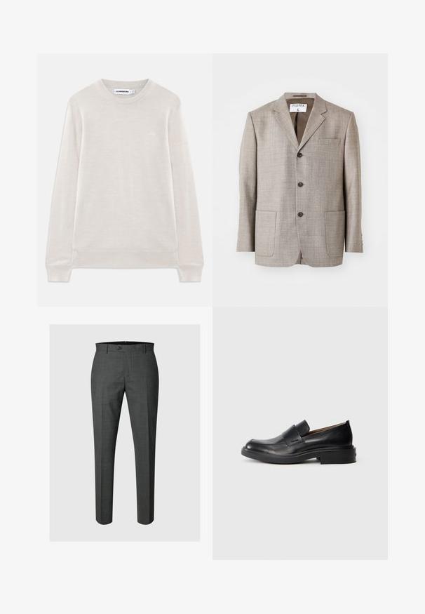 Lichtbruine blazer met een gestructureerde stof, met gekartelde revers, voorknopjes en twee voorkruiszakken. Label zegt "Filippa K."; Lichtbeige lange mouwen crewneck trui met geribbelde manchetten en zoom, subtiel logo op de linkerkant van de borst en J.Lindeberg label in de kraag.; Donkergrijze op maat gemaakte formele broek met knoopsluiting en riemlussen, afgebeeld tegen een lichtgrijze achtergrond.; Zwarte leren instap schoenen met een lage hak en subtiel Calvin Klein-logo aan de zijkant, weergegeven in profiel op een witte achtergrond.
