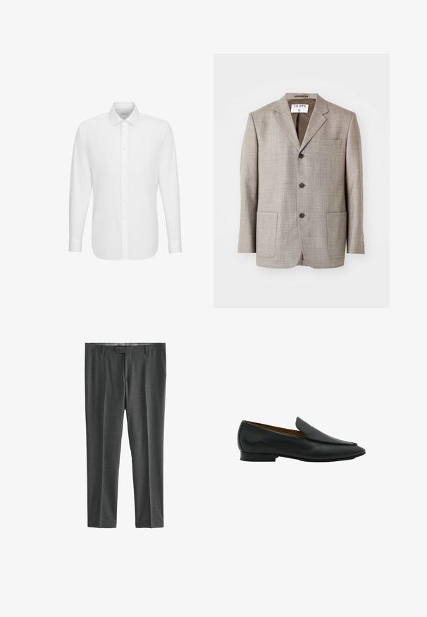 Lichtbruine blazer met een gestructureerde stof, met gekartelde revers, voorknopjes en twee voorkruiszakken. Label zegt "Filippa K."; Witte lange mouwen overhemd met knoopsluiting aan de voorkant en klassieke kraag, weergegeven tegen een effen witte achtergrond.; Grijze dresspants van gestructureerde stof, met een rechte pijpdesign, riemlussen, een knoopsluiting en twee zijzakken.; Zwarte leren instaploafer met een lage hak en een licht puntige neus, gezien van opzij op een witte achtergrond.