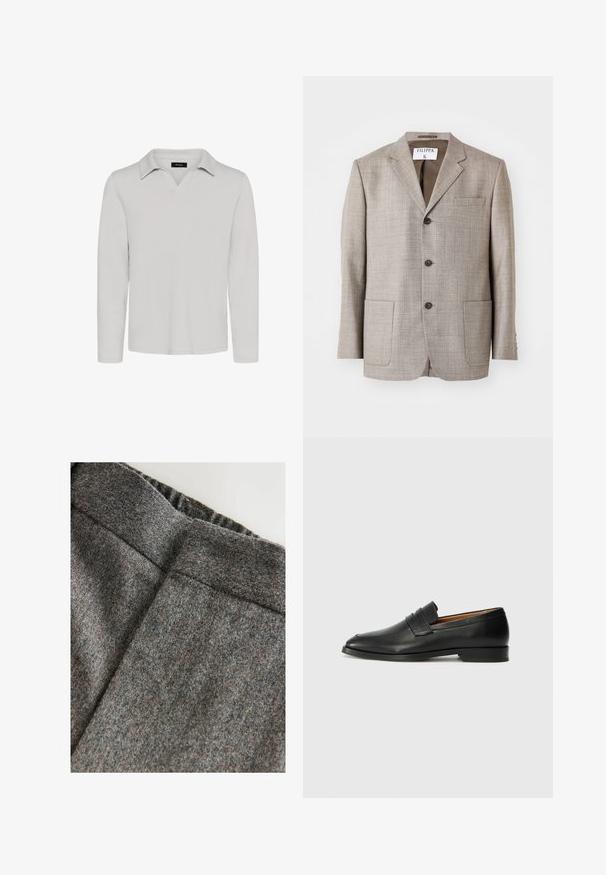 Lys brun blazer med en tekstureret stof, flapskuldre, frontknapper og to forlommer. Mærket lyder "Filippa K."; Matinique MAV - Poloshirts - lunar rock; Grå uldblandingsbukser med en glat tekstur, der har en bred talje og en ren, klassisk pasform. Subtile farveprikker er til stede.; Sort læder loafer med rund tå, diskret syning, og lav hæl, der har en glat tekstur og minimalistisk design.