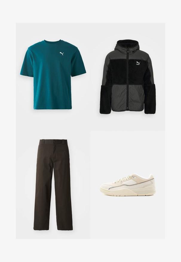 Sort hættetrøje med lynlås. Har plyss, tekstureret stof på ærmerne og forsiden, kombineret med et ternet mønster på det øverste.; Teal bomulds t-shirt med korte ærmer, rund hals og et hvidt Puma-logo på venstre bryst; glat tekstur og regular fit.; Sorte bomuldsbukser med et lige ben-design, der har en knaplukning og et klassisk taljehåndter. Glat tekstur, ingen mønstre eller accenter.; Lavtopet sneaker i cremefarve med beige accenter, snørelukning, polstret krave og tekstureret sål på en ensartet lys baggrund.