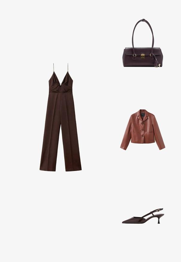 Veste en cuir marron coupée avec un col, trois boutons, deux poches avant et des manches longues. Le matériau a une finition lisse et brillante.; Combinaison marron foncé à jambes larges avec fines bretelles spaghetti et un décolleté en V profond avec un détail froncé à la poitrine.; Escarpin slingback en cuir verni marron foncé avec un bout pointu, un petit talon kitten et une sangle ajustable avec boucle dorée.; Sac à main en cuir violet foncé avec un design structuré, deux poignées, des accessoires dorés, un rabat plat avec un fermoir et un détail porte-clés.
