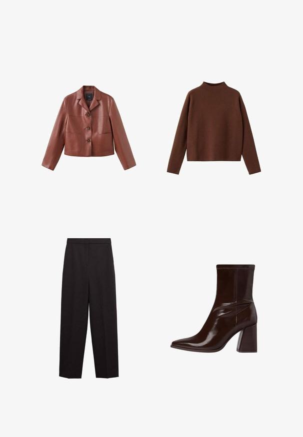 Veste en cuir marron coupée avec un col, trois boutons, deux poches avant et des manches longues. Le matériau a une finition lisse et brillante.; Pull en laine marron à manches longues avec un col montant. Fabriqué en tissu doux et texturé. Présente une coupe décontractée et ample avec un design minimaliste.; Pantalon noir taille haute, tailored, avec jambes droites, poches latérales et fermeture frontale cachée.; Bottine en cuir verni marron avec un bout pointu, une cheville élastique et un talon bloc épais. Design élégant avec une texture lisse.