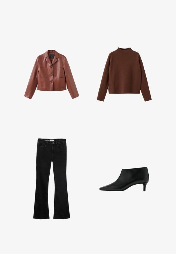 Braune Lederjacket im Crop-Style mit einem Kragen, drei Knöpfen, zwei Fronttaschen und langen Ärmeln. Das Material hat eine glatte, glänzende Oberfläche.; Brauner Pullover mit langen Ärmeln und hohem Kragen. Hergestellt aus einem weichen, strukturierten Stoff. Mit lässiger, boxartiger Form und minimalistischem Design.; Schwarze ausgestellte Jeans aus einem weichen Stoff mit rohem Saum, ausgestattet mit zwei Fronttaschen und einem Knopfverschluss mit Reißverschluss.; Schwarzer Leder-Stiefelette mit spitz zulaufender Zehenpartie und niedrigem Kitten-Heel, entworfen für eleganten und formellen Gebrauch.