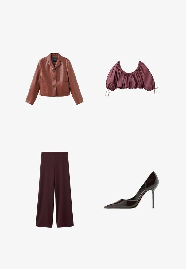 Veste en cuir marron coupée avec un col, trois boutons, deux poches avant et des manches longues. Le matériau a une finition lisse et brillante.; Blouse courte épaules dénudées en mauve foncé, avec tissu froncé et manches bouffantes élastiquées, nouées aux poignets.; Pantalon large bordeaux en tissu doux et léger avec une texture lisse ; doté d'une taille haute et sans fermetures visibles.; Escarpin à talon aiguille en cuir verni noir, à bout pointu, présentant une finition lisse et brillante avec un talon fin.