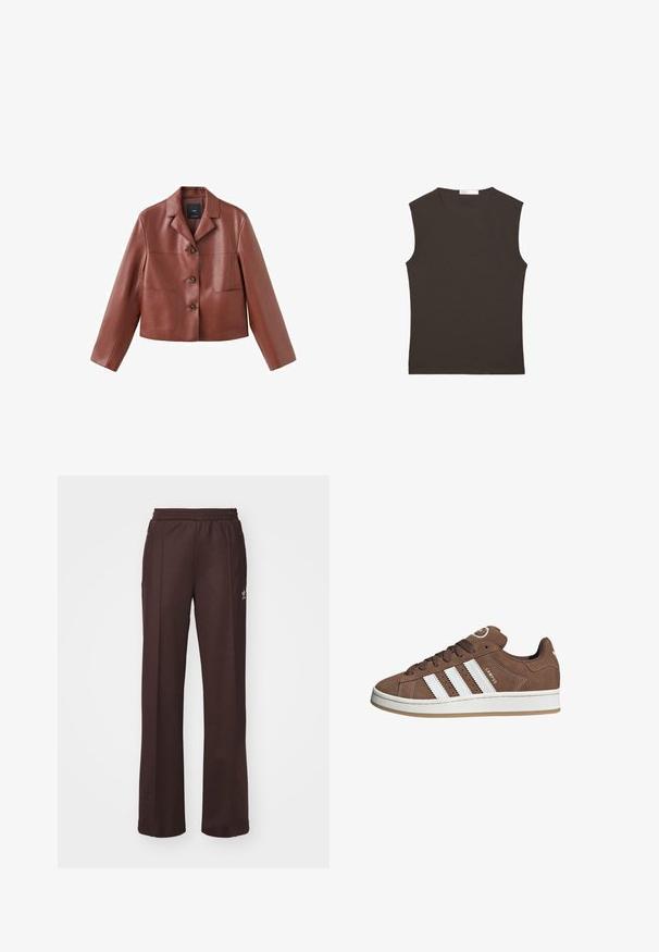 Bruin leren cropped jasje met een kraag, drie knopen, twee voorzakken en lange mouwen. Het materiaal heeft een gladde, glanzende afwerking.; Mouwloos donkerbruin tanktop met ronde hals en rechte zoom, plat weergegeven op een witte achtergrond.; Bruine sportieve broek met een elastische tailleband, twee zijzakken en een klein logo aan de linkerzijde, gemaakt van een zachte stof.; Bruine suède sneaker met witte leren strepen, rubberen zool, ronde neus en vetersluiting. Kenmerkt zich door een logo op de tong en geperforeerde accenten.