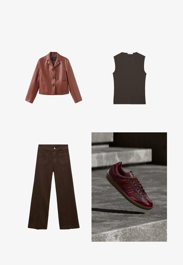 Veste en cuir marron coupée avec un col, trois boutons, deux poches avant et des manches longues. Le matériau a une finition lisse et brillante.; Débardeur sans manches brun foncé à col rond avec ourlet droit, présenté à plat sur un fond blanc.; Jeans larges marron en denim, avec une taille haute, deux poches arrière et une fermeture à bouton à l'avant. Texture lisse, forme droite.; Baskets en cuir bordeaux avec trois bandes sombres, lettrage doré, semelle texturée et finition lisse. Surélevées sur un fond en béton.