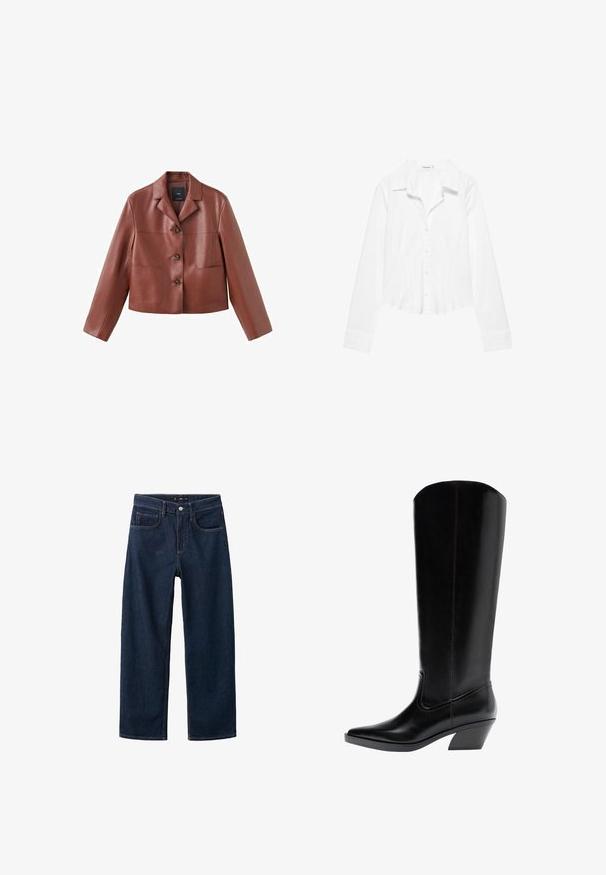 Brun læder cropped jakke med krave, tre knapper, to frontlommer og lange ærmer. Materialet har en glat, blank overflade.; Hvid skjorte med lange ærmer, krave, let figursyet talje og manchetter med knapper, vist på en hvid baggrund.; Mørkeblå denim jeans med et lige ben-design, der har en klassisk fem-pockets stil, synlig syning og en knaplukning i taljen.; Høj sort western-støvle i læder med spids tå og skråt blokhæl, vendt mod venstre på hvid baggrund.