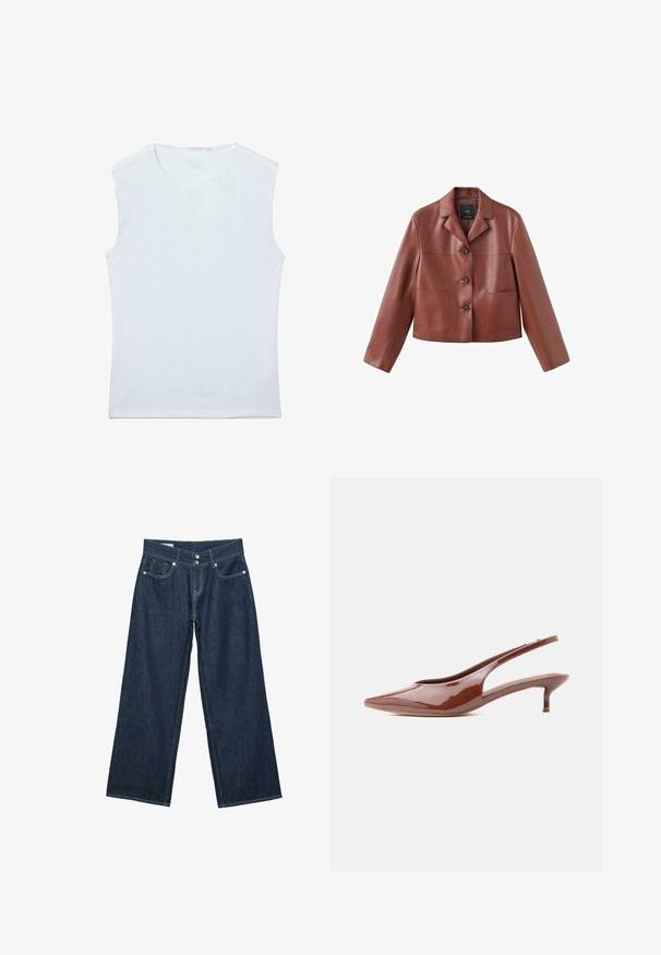 Braune Lederjacket im Crop-Style mit einem Kragen, drei Knöpfen, zwei Fronttaschen und langen Ärmeln. Das Material hat eine glatte, glänzende Oberfläche.; Ärmelloses weißes Baumwoll-Trägershirt mit rundem Ausschnitt und einfachem, schlichtem Design.; Dunkelblaue, weit geschnittene Denim-Jeans mit doppelter Knopfverschluss, vorderen Taschen und kontrastierender Naht auf weißem Hintergrund.; Glänzender brauner Slingback-Klett mit spitzem Zehenbereich und niedrigem, schlankem Absatz auf weißem Hintergrund.