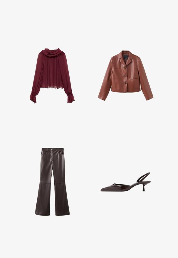 Bruin leren cropped jasje met een kraag, drie knopen, twee voorzakken en lange mouwen. Het materiaal heeft een gladde, glanzende afwerking.; Bordeaux chiffon blouse met een gedrapeerde hals en lange mouwen. De mouwen hebben gather cuffs, wat een vloeiende silhouet creëert.; Bruine broek van kunstleer met uitlopende pijpen, voorzien van een hoge taille, steekzakken aan de voorkant en een gladde textuur, met subtiele naaddetails op de knieën.; Donkerbruine gepatenteerde leren slingback pump met spitse neus en lage kittenheel tegen een witte achtergrond.