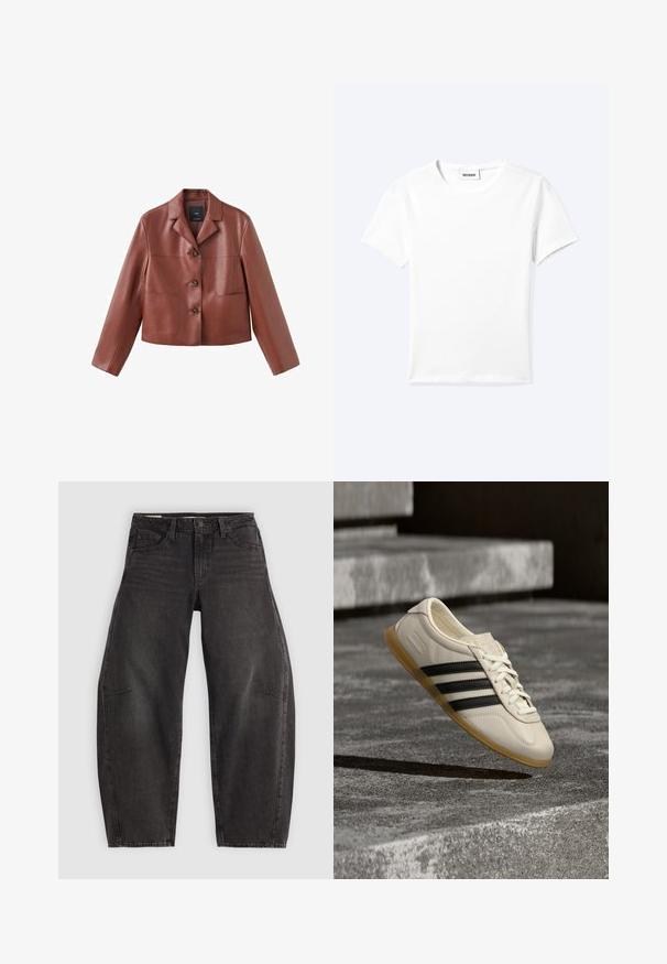 Bruin leren cropped jasje met een kraag, drie knopen, twee voorzakken en lange mouwen. Het materiaal heeft een gladde, glanzende afwerking.; Effen wit T-shirt met korte mouwen en ronde hals met een klein "WEEKDAY" label aan de binnenkant van de hals, plat neergelegd op een lichte achtergrond.; Zwarte denim jeans met een relaxed fit, voorzien van vijf zakken, een knoopsluiting en subtiele vervaging. De stof heeft een soepele, stevige textuur.; Witte sneaker met zwarte strepen en rubberen zool zwevend boven betonnen trap in zacht daglicht.