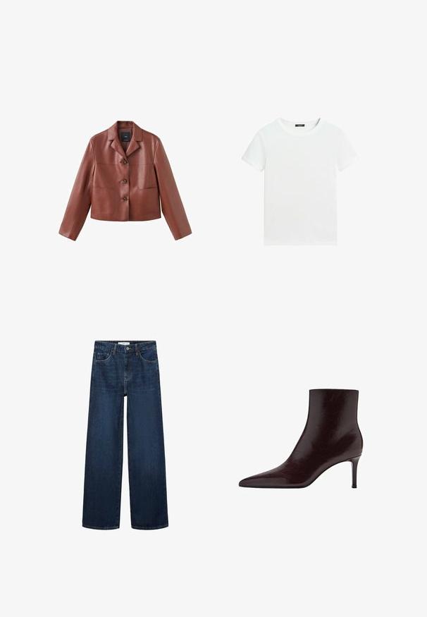 Bruin leren cropped jasje met een kraag, drie knopen, twee voorzakken en lange mouwen. Het materiaal heeft een gladde, glanzende afwerking.; Effen wit T-shirt met korte mouwen, een ronde hals en een klein zwart labeltje aan de binnenkant van de kraag.; Brede donkerblauwe denim jeans met hoge taille, voorzien van vijf zakken en een klassieke knoopsluiting. Glad textuur en rechte snit.; Bordeaux leren enkelboot met een spitse neus, slank design en een hoge stiletto hak. Vloeiende textuur met subtiele korrel details.