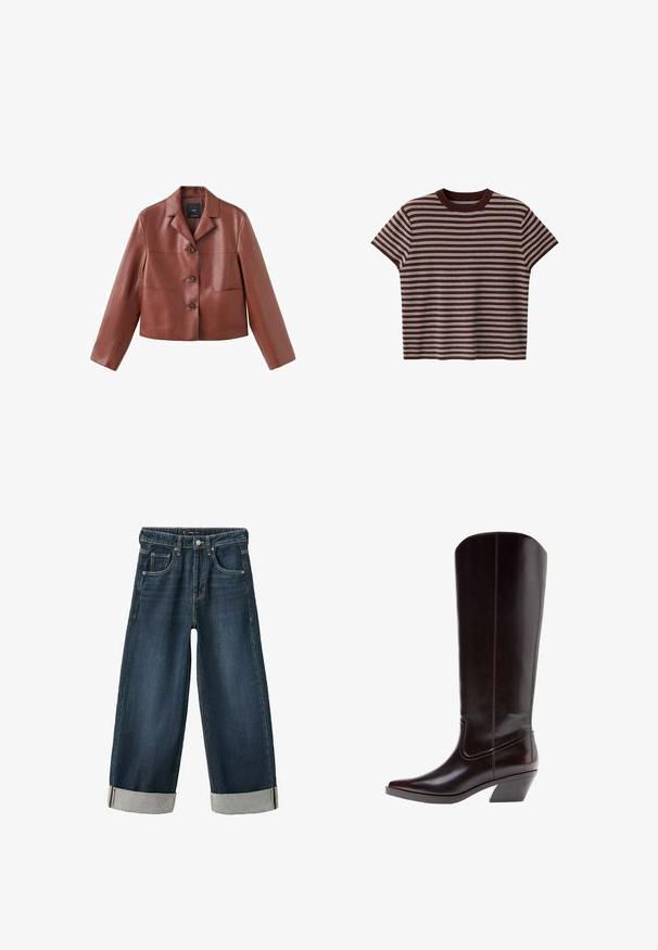 Veste en cuir marron coupée avec un col, trois boutons, deux poches avant et des manches longues. Le matériau a une finition lisse et brillante.; Haut tricoté marron à manches courtes avec des rayures horizontales blanches et un col rond sur fond blanc.; Jean denim large jambe droite bleu foncé avec ourlets retroussés, poches avant, fermeture par bouton et passants pour ceinture.; Botte montante en cuir marron avec un talon léger, un bout pointu, des coutures contrastées et une texture lisse. Présente un design élégant et ajusté.
