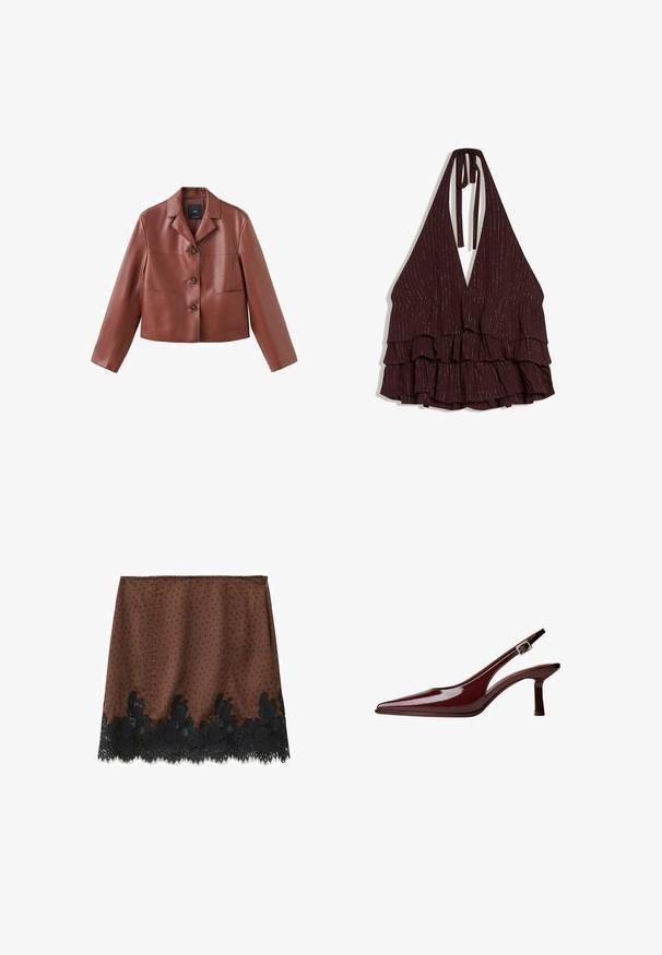 Braune Lederjacket im Crop-Style mit einem Kragen, drei Knöpfen, zwei Fronttaschen und langen Ärmeln. Das Material hat eine glatte, glänzende Oberfläche.; Tief burgunderrotes Neckholder-Oberteil mit gestuften Rüschen und dezenten vertikalen Metallstreifen, am Hals gebunden.; Brauner Minirock mit schwarzen Polka-Dots und schwarzem Spitzenbesatz am Saum, mit Reißverschluss hinten.; Bordeaux-farbene Lackleder Slingback-Pumps mit spitzem Zehenbereich, mittelhohem Kitten-Absatz und silberner Schnallenriemen auf weißem Hintergrund.