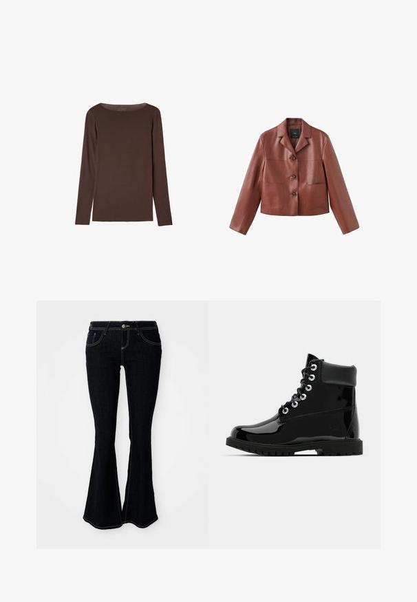 Chaqueta corta de cuero marrón con cuello, tres botones, dos bolsillos frontales y mangas largas. El material tiene un acabado suave y brillante.; Camiseta marrón de manga larga con cuello redondo, diseño simple y ajustado, sin patrones ni logotipos visibles.; Jeans acampanados de lavado oscuro con una cintura alta, bolsillos delanteros y traseros, y costuras en amarillo contrastante.; Botas negras brillantes hasta el tobillo con un acabado de charol suave, punta redonda, cordones de seis ojales y una suela de goma resistente.