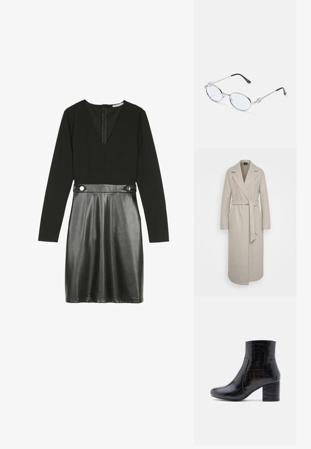 Lange beige wollen jas met brede revers, een ceintuur in de taille en zijzakken, tentoongesteld op een lichte, effen achtergrond.; Anna Field Cocktailjurk - black; Zwarte enkellaars gemaakt van glanzend krokodillenprintleer. Voorzien van een ronde neus en een dikke blokhak. Gladde textuur en slank ontwerp.; Zilveren metalen ovale bril met heldere glazen, voorzien van decoratieve zijkanten en zwarte uiteinden op de pootjes voor extra grip en comfort.