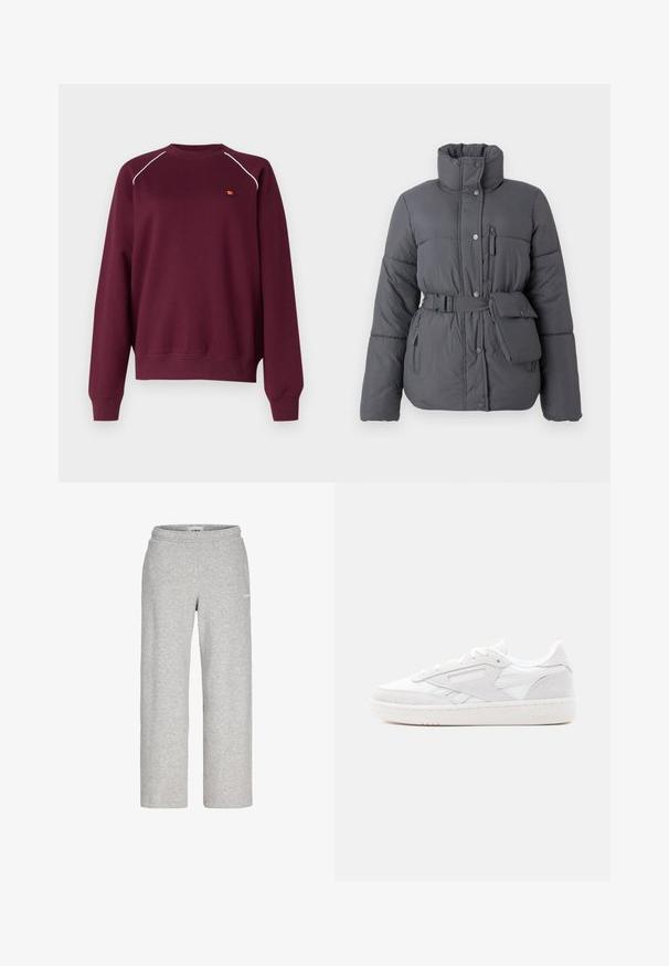 Grå pufferjakke med høj krave, bælte i taljen, sidelommer og en lille lomme. Har en blød tekstur og knaplukning.; Bordeaux sweatshirt lavet af blødt stof, med hvid piping langs skuldrene og et lille broderet logo på brystet. Regular fit.; Lysegrå sweatpants med lige ben, elastisk talje og lille hvidt logo på øverste lår.; Hvid lav Reebok-sneaker med ruskindsoverlejringer, snøredesign og tekstureret gummisål på en simpel lys baggrund.