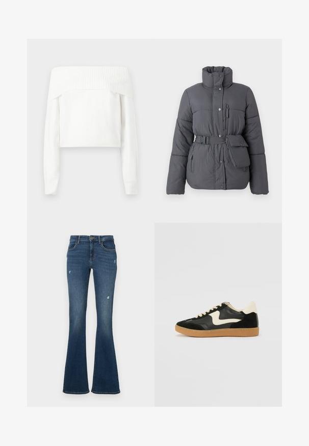 Doudoune grise avec col haut, taille ceinturée, poches latérales et petite pochette. Dotée d'une texture douce et d'une fermeture à boutons.; Pull blanc à épaules dénudées en maille douce, avec des manches longues et des accents côtelés le long de l'encolure et des poignets.; Jean en denim évasé bleu foncé avec des patches usés. Comprend cinq poches et une fermeture éclair. Tissu de poids moyen avec une texture lisse.; Baskets en daim et cuir noir avec un swoosh latéral crème et un talon crème clair. Dotées de lacets beige et d'une semelle en caoutchouc gomme.