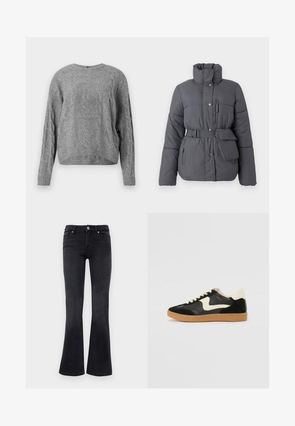 Graue Pufferjacke mit hohem Kragen, tailliertem Schnitt, seitlichen Taschen und einer kleinen Tasche. Sie besitzt eine weiche Textur und einen Knopfverschluss.; Grauer Kabelstrickpullover mit Rundhalsausschnitt, langen Ärmeln und gerippten Bündchen und Saum. Weiche Textur und lockere Passform.; Schwarze Denim Bootcut-Jeans mit vorderem Knopf, Reißverschluss, Gürtelschlaufen und Fünf-Taschen-Design.; Schwarze Wildleder- und Leder-Sneaker mit einem cremefarbenen Seiten-Swoosh und einer hellcremefarbenen Ferse. Ausgestattet mit beige Schnürsenkeln und einer Gummilaufsohle.