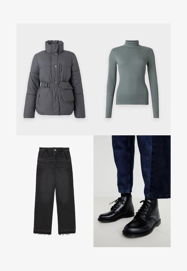 Grå pufferjakke med høj krave, bælte i taljen, sidelommer og en lille lomme. Har en blød tekstur og knaplukning.; Langærmet turtleneck top i blødt, tekstureret grønt ribbet stof. Tætsiddende design med høj krave og sømløs konstruktion hele vejen igennem.; Sorte denimbukser med lige ben. Har høj talje, rå kant og en diskret falmet struktur. Foran er der lommer.; Sorte ankelstøvler i læder med runde snuder, snørelukning, sølvfarvede forskruninger og teksturerede såler, kombineret med mørkeblå denimjeans.