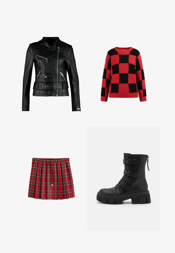 Maze TIOGA - Læderjakker - black; Rød- og sortternet sweater med en fuzzy tekstur, der har en rund hals og lange ærmer, lavet af et blødt strikket materiale.; Rødternet plisseret nederdel med sort og hvid ternet mønster og en flettet snøre ved elastiklinningen.; Even&Odd Cowboy- / bikerstøvlette - black
