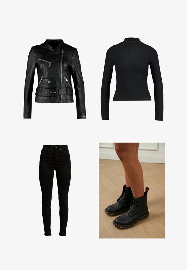 Maze TIOGA - Lederjacke - black; Schwarzes Langarm-Turtleneck-Oberteil aus geripptem Stoff, mit einer taillierten Passform und schlanker Silhouette. Keine Muster oder Akzente.; Schwarze hochgeschnittene Skinny-Jeans aus Denim mit leichtem Stretch, ausgestattet mit einem Reißverschluss, einem einzelnen Knopfverschluss und einem Fünf-Taschen-Design.; Schwarze Leder-Stiefeletten mit Reißverschluss und Schnürdesign, ausgestattet mit gelben Nähten und einer dicken, strukturierten Sohle.