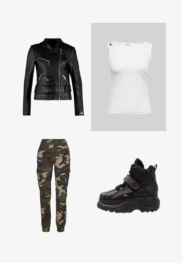 Maze TIOGA - Leren jas - black; Witte mouwloze dames top met asymmetrische halslijn en gouden metalen detail op de linker schouder.; Camo cargo pants in tinten van groen, bruin en zwart; voorzien van elastische boorden, zijvakken en een veilige knoopsluiting.; Zwarte hoge sneakers met een dikke rubberen zool, leren bovenwerk, veters en klittenbandsluitingen, en gedetailleerde zijkanten met textuur.