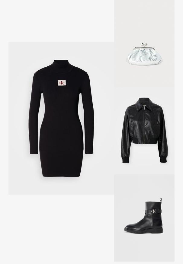 Schwarze, taillierte Lederjacke mit spitzem Kragen, Reißverschluss und elastischen, schwarzen Bündchen sowie Saum. Verfügt über seitliche Taschen.; Schwarzes, geripptes Langarmkleid mit hohem Kragen und rechteckigem Calvin Klein-Logo-Patch auf der Vorderseite. Einfaches, figurbetontes Design.; Schwarze Leder-Stiefelette mit flacher Sohle, ausgestattet mit einem seitlichen Riemen und silbernem CK-Logo-Detail. Glatte Textur und schlankes Design.; Kleine silberne Metallic-Clutch mit gerundetem, gerafftem Design und einem Verschluss mit zwei silbernen Kugeln.