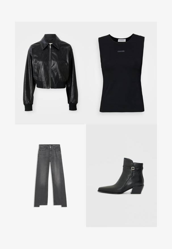 Sort læder cropped jakke med spidse kraver, lynlåslukning og elastiske sorte manchetter og kant. Har sidelommer.; Sort ærmeløs top lavet af glat stof. Har en rund halsudskæring og et lille Calvin Klein-logo i midten. Simpelt og tætsiddende design.; Grå denim jeans med vid benåbning, der har et klassisk fem-lomme design og subtil falming over stoffet.; Sorte læder ankelstøvler med spids tå, en lav blokhæl og en dekorativ rem med en sølvspænde accent. Glat tekstur.
