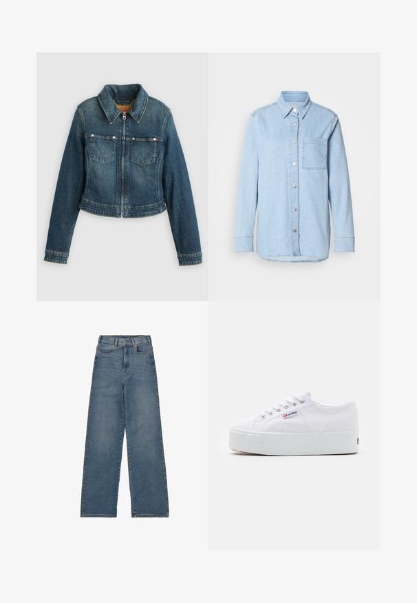 Blå denimjakke med lange ærmer, frontlynlås, to brystlommer og en spids krave på en ensfarvet baggrund.; Lyseblå denimskjorte med knaplukning foran, spids krave, enkelt brystlomme og lange ærmer med knapmanchetter.; Højtaljede, bredbenede jeans i mellemblå denim. Har fem lommer, en frontknaplukning og kontrasterende syninger.; Hvide canvas sneakers med en tyk hvid platformssål, rund tå og metaløjelets til snørebånd. Mærkets logo præsenteret på siden.