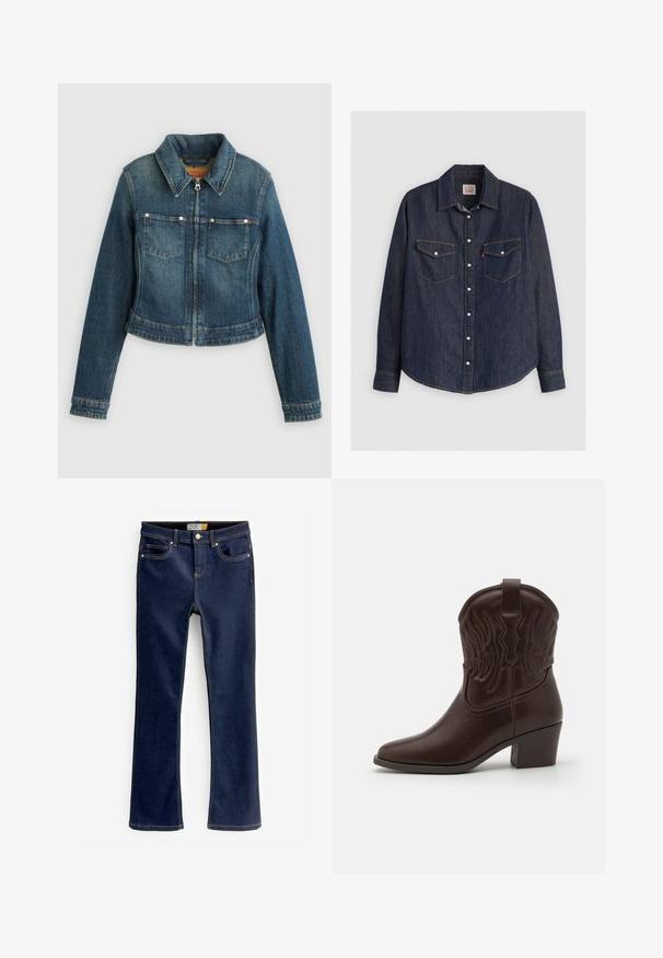 Blå denimjakke med lange ærmer, frontlynlås, to brystlommer og en spids krave på en ensfarvet baggrund.; Mørkeblå denimskjorte med lange ærmer, knaplukning fortil, to brystlommer med klapper og kontrasterende gule sømme.; Bootcut blå jeans lavet af denim, med forlommer, synlige syninger og en let flared nederste kant. Ingen slid eller dekorationer.; Brune læder cowboystøvler med spidse tæer, præget vinge mønster, en midhøj blokhæl og en pull-tab bagpå.
