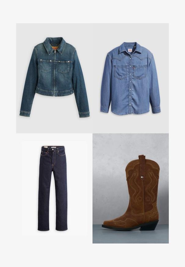 Blå denimjakke med lange ærmer, frontlynlås, to brystlommer og en spids krave på en ensfarvet baggrund.; Lyseblå denimskjorte med spidst krave, to brystlommer og trykknapper. Har et western-inspireret stykke på skuldrene.; Mørkeblå straight-leg denim jeans med fem lommer og synlig orange syning på hvid baggrund.; Brun ruskind cowboystøvle med dekorativ syning og et flagemblem på skaftet, stående på et trægulv udendørs.