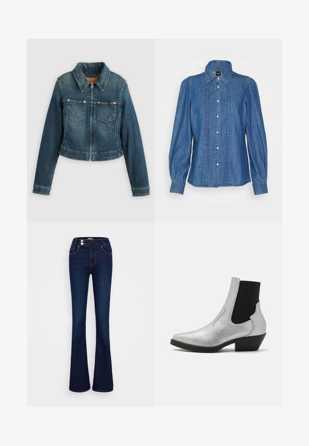 Sinine teksajakk pikkade varrukatega, ees lukk, kaks rinnataskut ja terav krae ühtlasel taustal.; Vero Moda VMEUDORA FRILL - Nööpidega pluus - medium blue denim; Tumesinised laienevad teksad denimist, kõrge vöökohaga, kahe esitasku, lukuga ja nööpidega kinnitusega ning kontrastse õmblusega.; ONLY SHOES ONLBRONCO SHORT - Kauboi/mootorratturi poolsaapad - silver