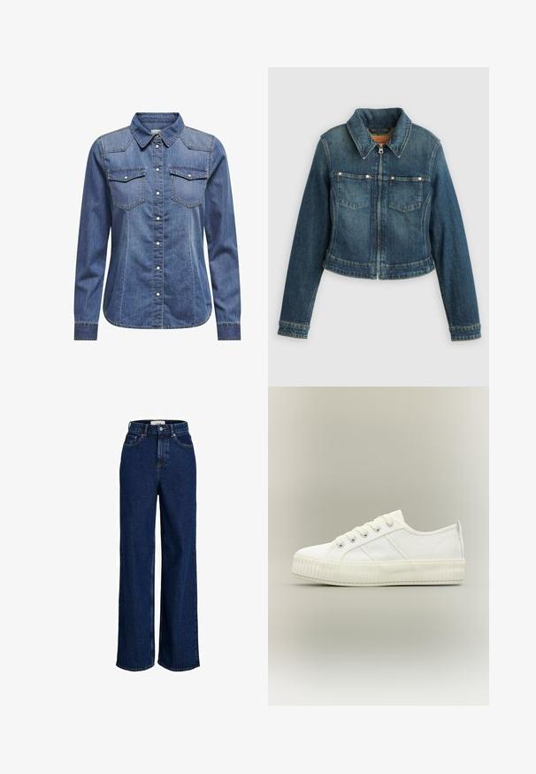 Blauwe spijkerjasje met lange mouwen, ritssluiting aan de voorkant, twee borstzakken en een puntige kraag op een effen achtergrond.; Donkerblauw denim shirt met een kraag, lange mouwen, dubbele borstzakken en contrasterende stiksels.; Donkerblauwe jeans met een hoge taille en wijde pijpen, voorzien van steekzakken aan de voorkant, lussen voor een riem, knoopsluiting en zichtbare stikdetails.; Witte lage sneaker met dikke geribde zool, veters aan de voorkant en trek-lus aan de hiel tegen een neutrale achtergrond.