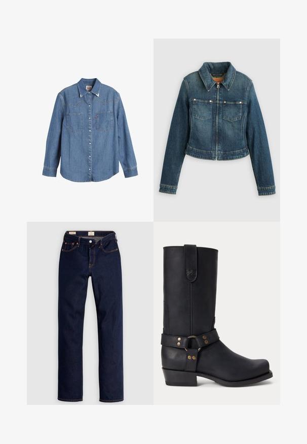 Sinine teksajakk pikkade varrukatega, ees lukk, kaks rinnataskut ja terav krae ühtlasel taustal.; Heledsinine denim särk pika varrukaga, terava krae, kahe rinnatasku ja kontrastsete õmblustega. Omab läänest inspireeritud kätetõusu disaini.; Tumesinised sirge säärega teksapüksid oranži õmblusega, viie tasku ja nööpkinnitusega, tasapinnale laotatud heledal taustal.; Mustast nahast poolpikk saabas madala kontsaga, ümar varvas ja dekoratiivne rihm metallkinnituste ja rõngaga ümber pahkluu.