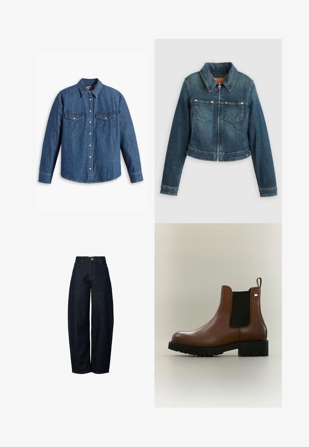 Veste en denim bleu à manches longues, fermeture éclair à l'avant, deux poches poitrine et col pointu sur un fond uni.; Chemise en denim bleu moyen avec un col boutonné, des manches longues, deux poches poitrine et des boutons-pression argentés. Présente des coutures contrastées.; Jean en denim bleu marine à jambes larges et taille haute, agrémenté de surpiqûres orange contrastantes et d'une fermeture à bouton sur le devant.; Botte Chelsea en cuir marron avec panneau latéral élastique noir, semelle noire épaisse, languette talon et petit logo rectangulaire sur le côté supérieur.