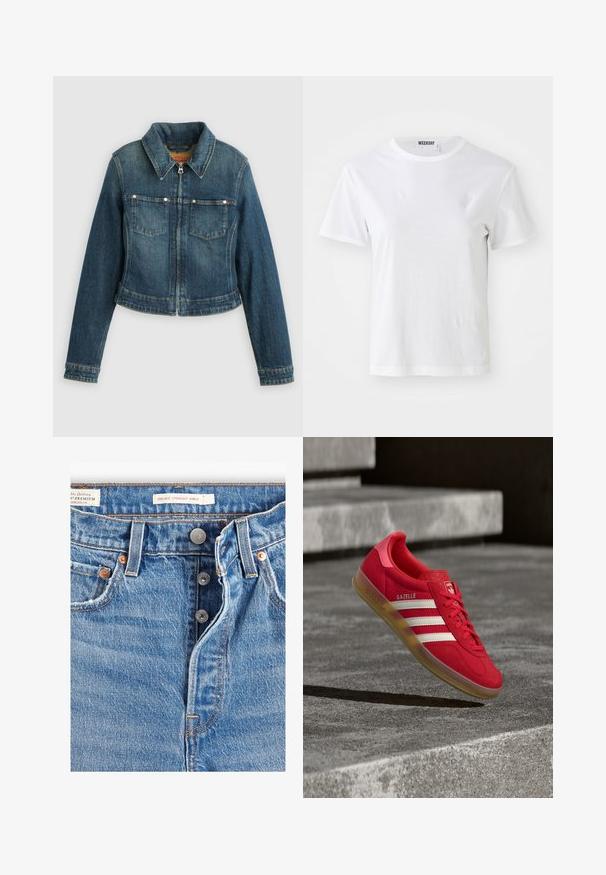 Chaqueta de mezclilla azul con mangas largas, cremallera frontal, dos bolsillos en el pecho y cuello puntiagudo sobre un fondo liso.; Camiseta blanca de manga corta hecha de una tela suave. Cuenta con un escote redondo y un corte recto, con una etiqueta en el cuello interior.; Jeans de mezclilla azul claro con corte recto a la altura del tobillo. Incluye cinco bolsillos, dos botones de metal y costuras naranjas visibles. Etiquetas presentes.; Zapatilla roja de gamuza con rayas blancas, suela plana de goma y talón texturizado. Presenta la marca "Gazelle" en el lateral y un diseño de punta redondeada.