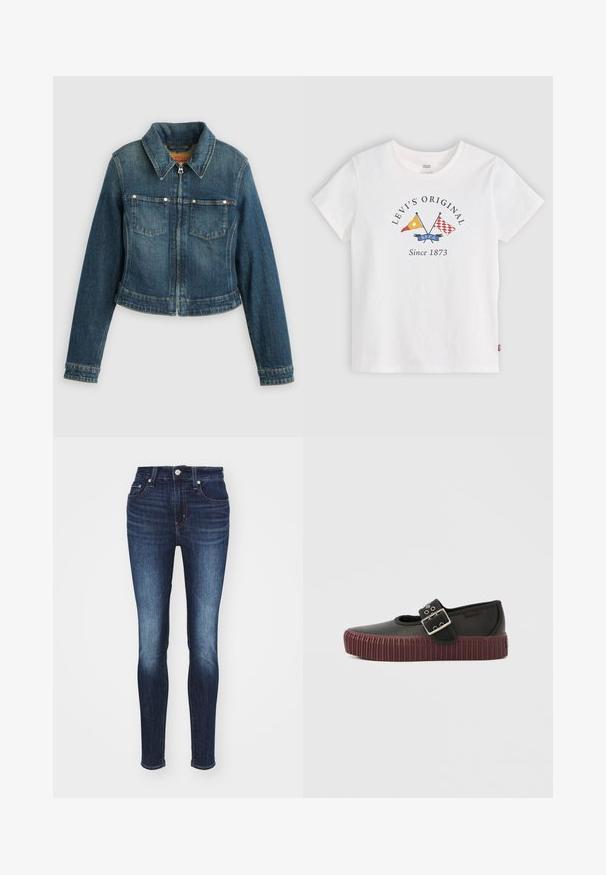 Blauwe spijkerjasje met lange mouwen, ritssluiting aan de voorkant, twee borstzakken en een puntige kraag op een effen achtergrond.; Wit Levi's T-shirt met korte mouwen, gekruiste gele en rode vlaggen en tekst "Levi's Original Since 1873" voor midden.; Donkerblauwe skinny jeans met een middelhoge taille, voorzien van een vervaagd patroon, vijf zakken en een metalen knoop en ritssluiting.; Zwarte instapschoen met een afgerond ontwerp, voorzien van een opvallende gesp en een geribbelde bordeauxrode buitenzool. Gladde lederen textuur.