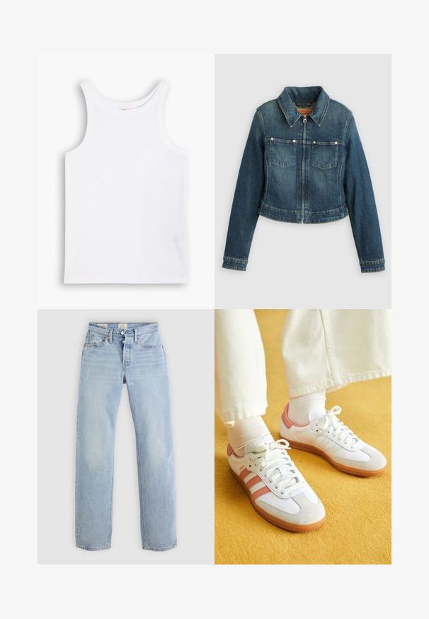 Veste en denim bleu à manches longues, fermeture éclair à l'avant, deux poches poitrine et col pointu sur un fond uni.; Débardeur en coton blanc avec de larges bretelles, un col rond et une texture lisse et côtelée. Aucun motif ni accent présent.; Jean taille haute bleu clair à jambe droite, avec une fermeture à boutons, des poches avant et arrière, et des passants de ceinture sur fond blanc.; Baskets blanches avec des accents roses, en matériaux de daim et de cuir, à bout rond et semelle en caoutchouc, présentées avec des chaussettes claires sur un fond jaune.
