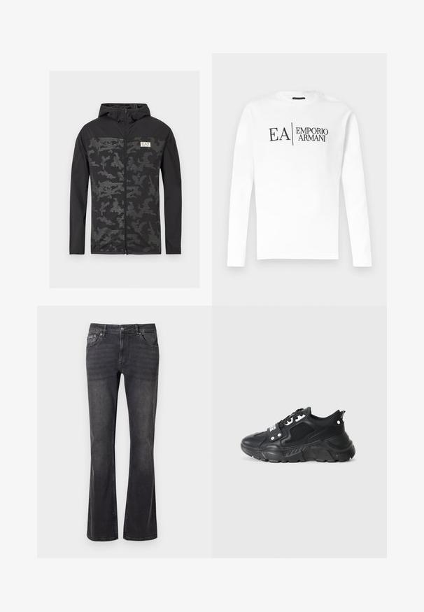 Schwarze Kapuzenjacke mit Reißverschluss, vorne mit grauem, pixelartigem Tarnmuster, aus leichtem, strukturiertem Stoff gefertigt.; Weißes Langarmshirt mit Rundhalsausschnitt und schwarzem "EA | Emporio Armani"-Logo mittig auf der Brust, vor einem einfarbigen Hintergrund präsentiert.; Schwarze Jeans aus Denim mit ausgestelltem Design, fünf Taschen und einem Metallknopfverschluss. Der Stoff hat eine glatte Textur mit dezentem Verblassen.; Schwarzer Sportschuh mit einem strukturierten Mesh-Panel, dickem Gummi-Sohle, kontrastierenden Akzenten und einer Schnürung. Verfügt über eine Ziehschlaufe an der Rückseite.