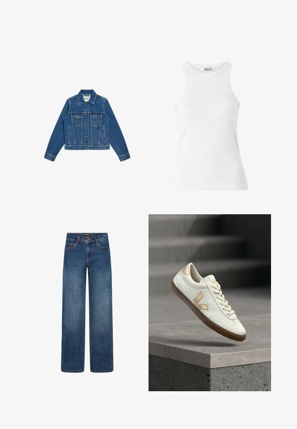Denimjack in mediumblauw met een klassieke snit, knopen aan de voorkant, twee borstzakken en contrasterende stiksels. Voorzien van een kraag en lange mouwen.; Witte geribbelde tanktop met een hoge hals en mouwloos design. Zachte textuur, fitted vorm en minimale stikdetails.; Wijde spijkerbroek met medium blauwe wassing. Heeft vijf zakken, knoop- en ritssluiting, en dubbel gestikte naden. Duurzame stof.; Witte leren sneaker met gouden accenten, gestructureerde rubberen zool en klassieke vetersluiting. De zijkant heeft een opvallend 'V'-logo in een beige tint.