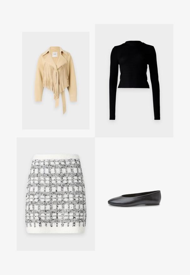 Nanushka TICIA - Overgangsjakke - creme; Sort langærmet crop top i ribbet tekstur, med høj halsudskæring og tætsiddende design. Minimalistisk stil uden synlige mønstre eller accenter.; Striknederdel i sort og hvid med et firkantet mønster, der har en ribbet elastik og en tekstureret overflade. Længde over knæet.; Sort ballerina i læder med spids tå og minimalistisk design. Har en glat tekstur og en lav, flad hæl.