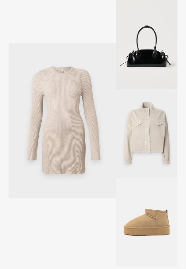 Afgekorte beige ribfluwelen jas met een hoge kraag, elastische manchetten en twee borstzakken. Heeft een verticale geribbelde textuur en een voorste ritssluiting.; Beige geribbelde gebreide jurk met lange mouwen, een getailleerde taille en een ronde halslijn op een witte achtergrond.; Beige suède enkellaarzen met een ronde neus, minimale stiksels en een lichtbruine rubberen zool met een getextureerd patroon.; Kleine zwarte glanzende handtas met twee lange hengsels en zijkant trekkoord details op een effen lichte achtergrond.