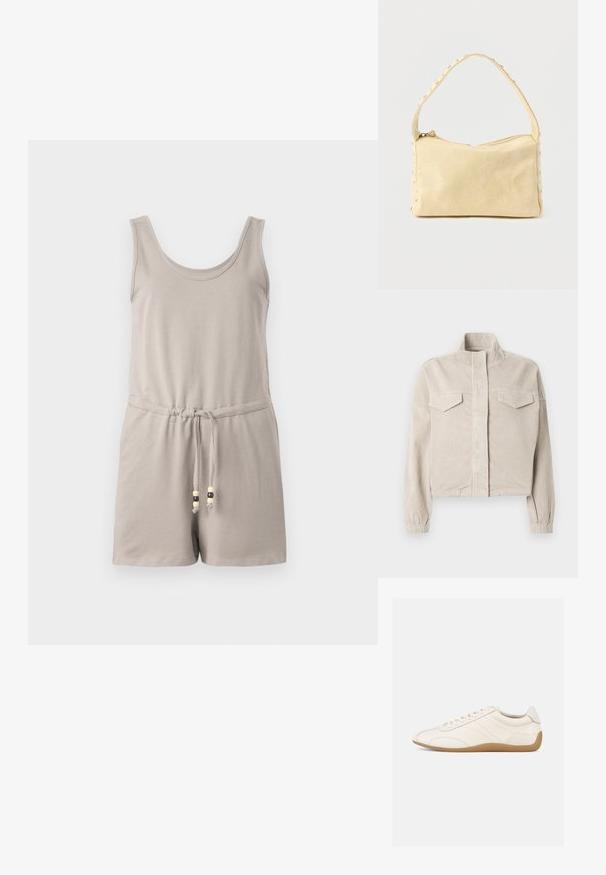 Veste courte en velours côtelé beige avec col montant, poignets élastiques et deux poches poitrine. Présente une texture côtelée verticale et une fermeture éclair à l'avant.; Combinaison en coton gris clair avec encolure dégagée, design sans manches, taille élastique et cordon de serrage avec des accents en perles en bois.; Baskets en cuir blanc à texture lisse, bout arrondi et coutures ton sur ton. Elles comportent une semelle en caoutchouc beige et une fermeture à lacets.; Petit sac à main en cuir beige avec une seule bandoulière et des clous argentés le long des bords et de la bandoulière, posé sur un fond uni.