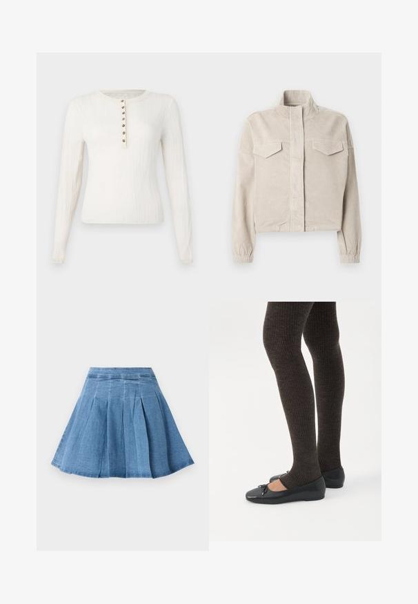 Veste courte en velours côtelé beige avec col montant, poignets élastiques et deux poches poitrine. Présente une texture côtelée verticale et une fermeture éclair à l'avant.; Pull créme à manches longues avec texture côtelée, doté d'un col rond et de sept boutons décoratifs sur le devant.; Jupe plissée en denim bleu clair avec une taille ajustée, évasée au niveau de l'ourlet, présentant de subtils détails de couture et une texture douce.; Jambes portant des leggings côtelés foncés associés à des ballerines noires avec de petits détails en nœud sur fond blanc.