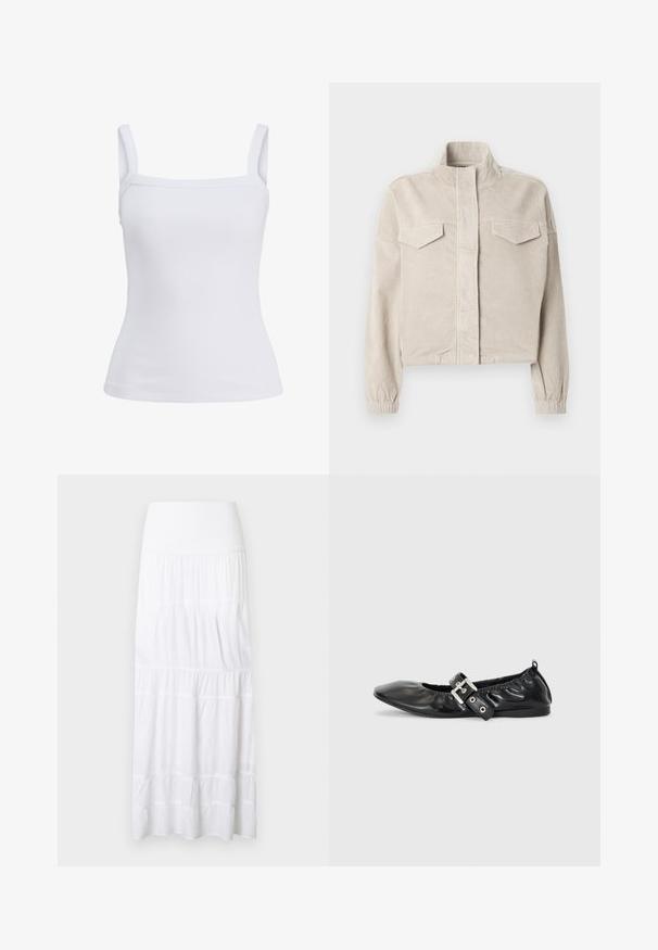 Kort beige fløjlsjakke med høj krave, elastiske manchetter og to brystlommer. Kendetegnet ved lodret ribbet struktur og lynlås foran.; Hvid ribbet tanktop med brede skulderstropper og lige halsudskæring, vist på en ensfarvet baggrund.; Hvid, lagdelt maxinederdel lavet af letvægtsstof. Har elastisk taljebånd og subtil tekstur med vandrette sømme.; Sorte læder flade sko med spids tå, samling detaljer omkring åbningen, og en sølv spænde accent på den justerbare rem.