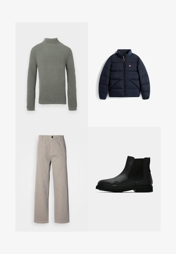 Laivastonsininen untuvatakki korkealla kaulurilla, edessä keltainen vetoketjun vetonappi, kaksi sivutaskua ja pieni suorakaiteenmuotoinen punainen, valkoinen ja sininen logo rinnassa.; Ribbed knit-sweater vaaleanvihreä, jossa on korkea kaulus, pitkät hihat ja kapea malli. Kankaan rakenne on pehmeä ja hieman venyvä.; Vaaleanbeige leveälahkeiset housut, jotka on valmistettu pehmeästä puuvillasta. Niissä on nappikiinnitys ja vyölenkit. Sileä pinta ja selkeä, minimalistinen muotoilu.; Musta nahkainen Chelsea-nilkkuri, jossa joustavat sivupaneelit, pyöreä kärki ja teksturoitu päällinen. Varustettu litteällä kumipohjalla ja hillityllä brändäysyksityiskohdalla.