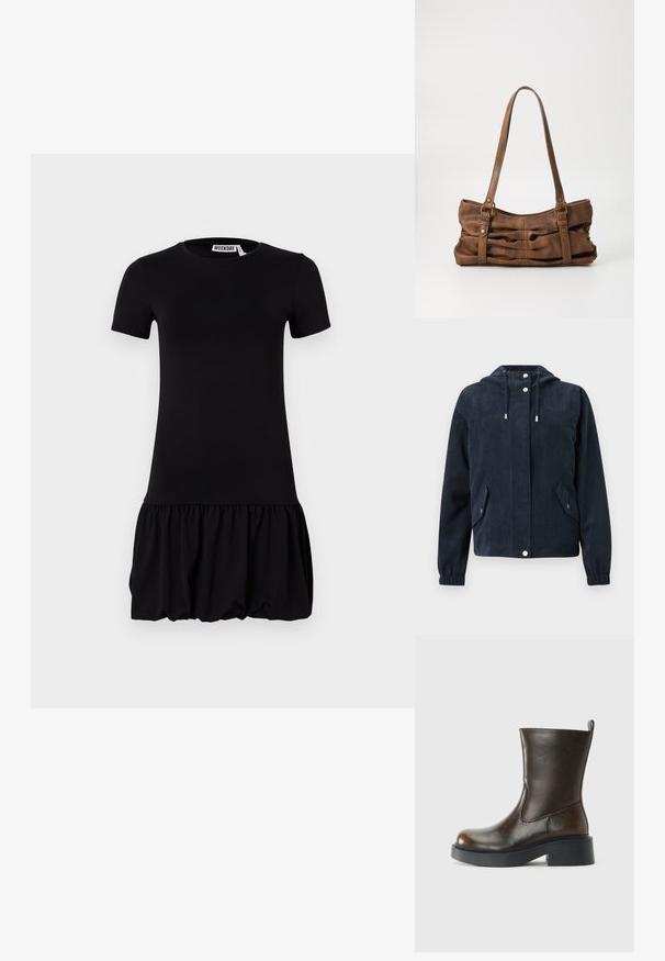 Veste en velours côtelé bleu foncé avec capuche, boutons-pression à l'avant, poignets élastiques et deux poches à rabat avec fermetures par pression.; Robe noire à manches courtes avec un corsage ajusté et une jupe évasée et plissée. Matériau doux avec une texture lisse et un col rond.; Botte en cuir marron foncé jusqu'au mollet avec un bout rond, épaisse semelle noire, petit talon block, et une languette à l'arrière.; Even&Odd Sac à main - brown